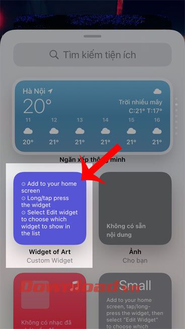 Nhấn vào tiện ích Widget of Art