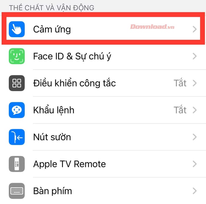 Chạm vào Cảm ứng trong cài đặt iPhone