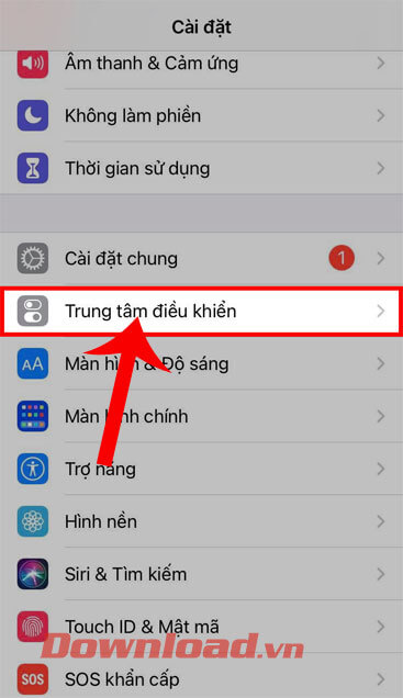 Chọn mục Trung tâm điều khiển