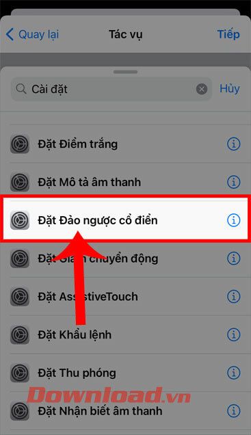 Chạm vào mục Đặt đảo ngược cổ điển 