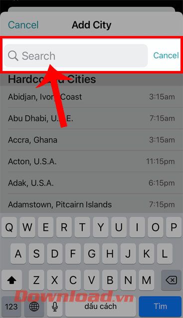 Nhập tên thành phố hoặc quốc gia bạn muốn theo dõi ngày, giờ.