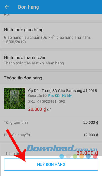 Click vào Hủy đơn hàng