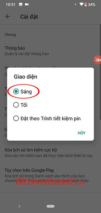 Bật chế độ sáng