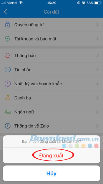 Xác nhận thoát khỏi Zalo