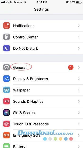 Phần General trên iPhone