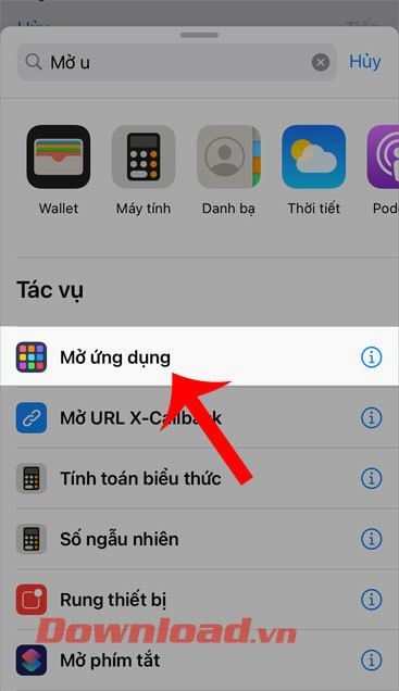 Chọn tác vụ Mở ứng dụng