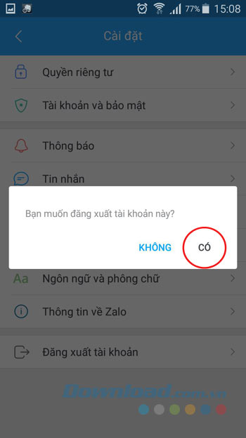 Xác nhận đăng xuất Zalo