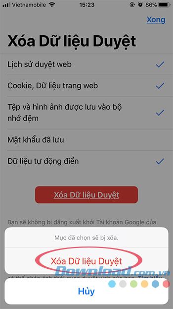 Xác nhận xóa lịch sử duyệt web