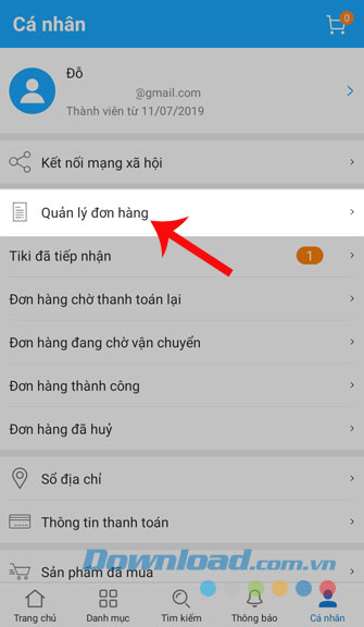 Nhấn vào mục Quản lý đơn hàng