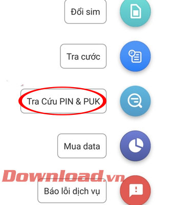 Chọn mục Tra cứu PIN & PUK