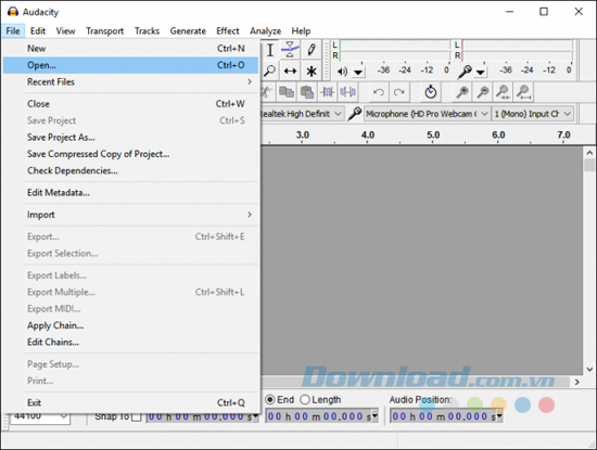 Mở file trên Audacity