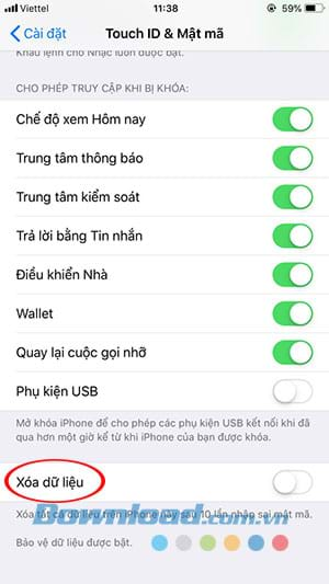 Chọn xóa dữ liệu