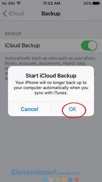 Xác nhận bật sao lưu iCloud