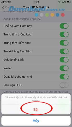 Bật tính năng xóa dữ liệu