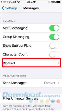 Chạm vào Đã chặn trong phần Tin nhắn SMS/MMS