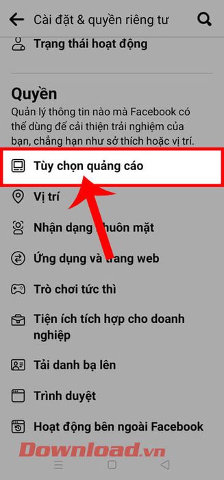 Chạm vào phần Tùy chọn quảng cáo