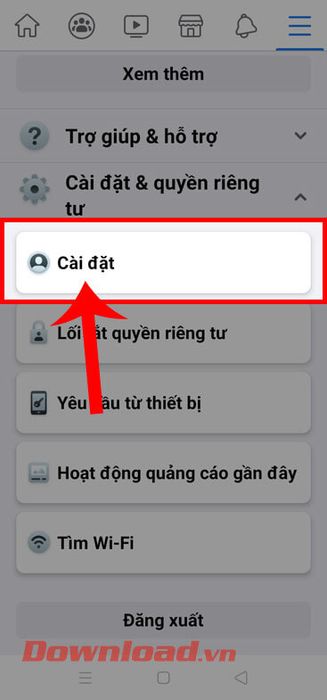 Chạm vào phần Cài đặt