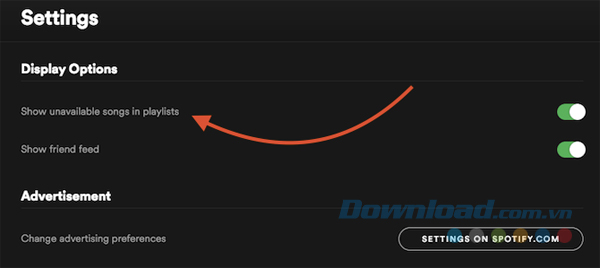 Bật Hiển thị các bài hát không khả dụng trong danh sách phát.