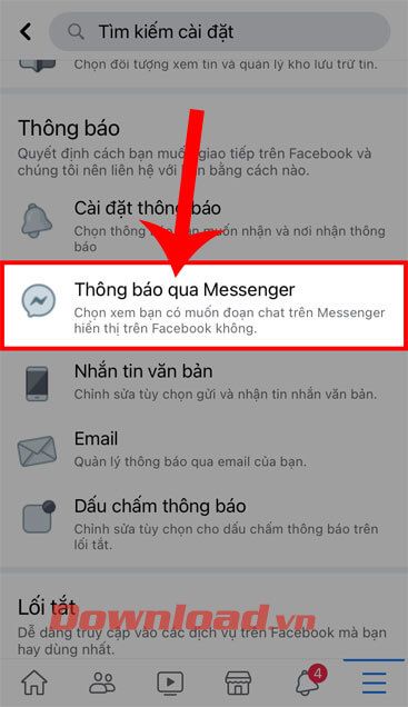 Chọn mục Thông báo qua Messenger