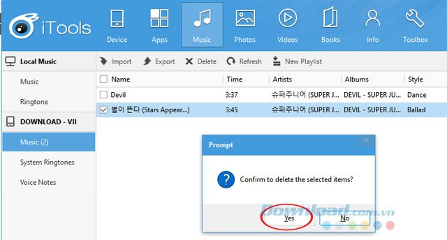 Xác nhận xoá nhạc bằng iTools