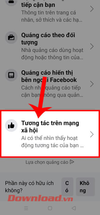 Bấm vào phần Tương tác trên mạng xã hội