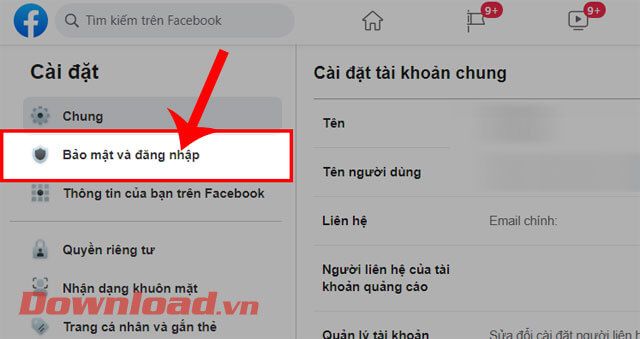 Nhấp vào nút Bảo mật và đăng nhập