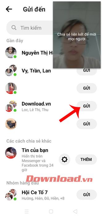 Chọn nơi chia sẻ link