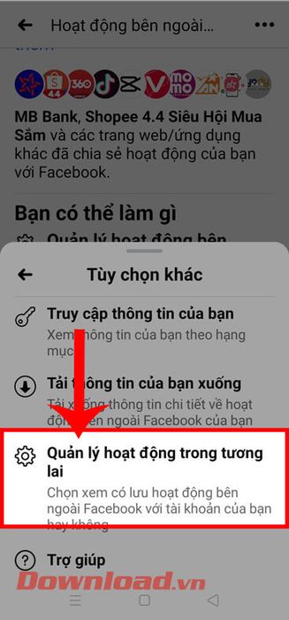 Chọn mục Quản lý hoạt động trong tương lai