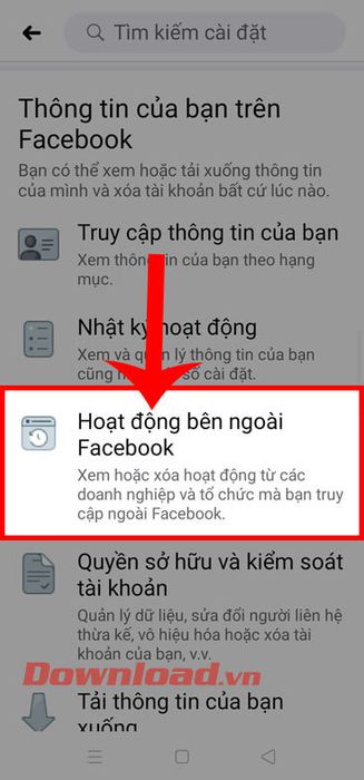 Chạm vào <em>Hoạt động ngoài Facebook</em>