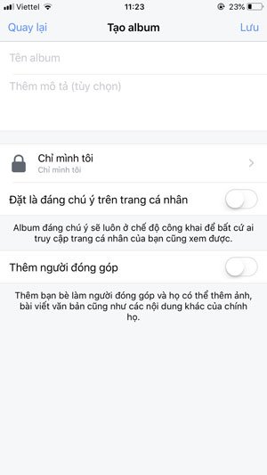 Giao diện tạo Album mới