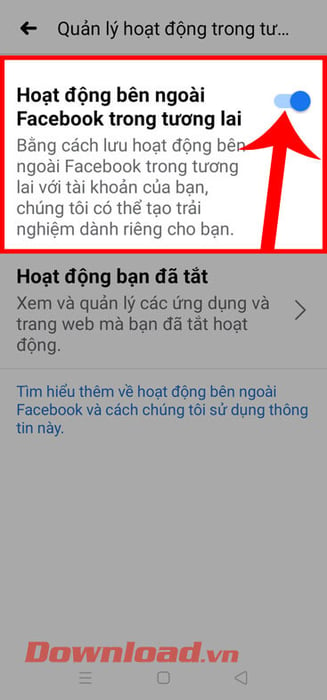 Di chuyển công tắc tại mục Hoạt động bên ngoài Facebook trong tương lai