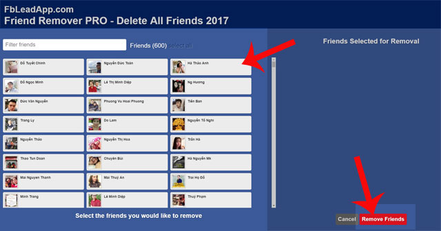 Chọn bạn bè và nhấn Remove Friends