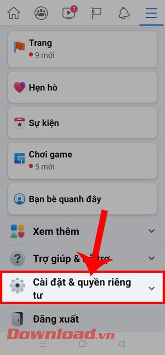 Chạm vào phần Cài đặt & quyền riêng tư