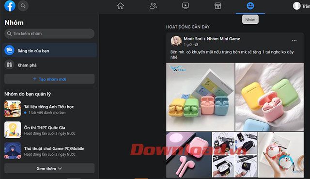 Giao diện nhóm trên Facebook năm 2020