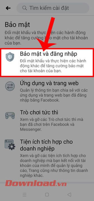 Nhấn vào phần Bảo mật và đăng nhập