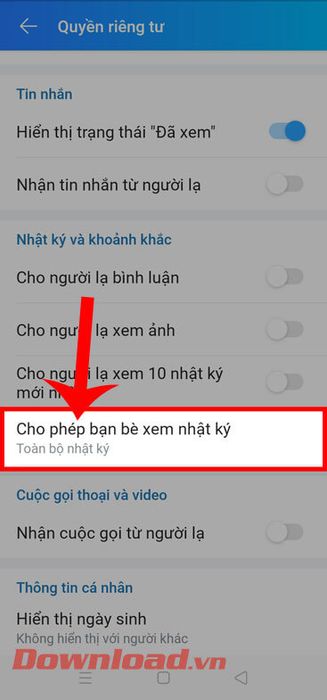 Ấn vào mục Cho phép bạn bè xem Nhật ký