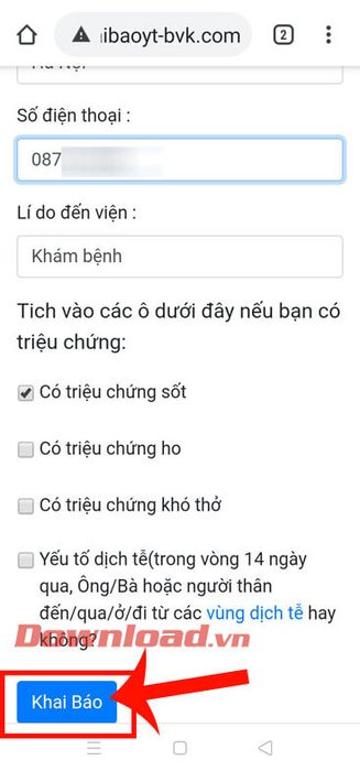 Chạm vào nút Khai báo