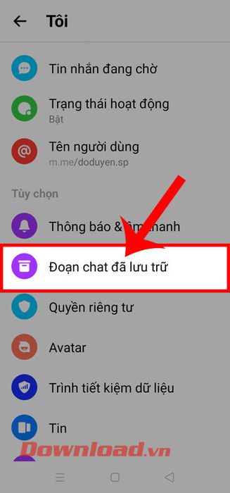 Chạm vào nút Đoạn chat đã lưu trữ