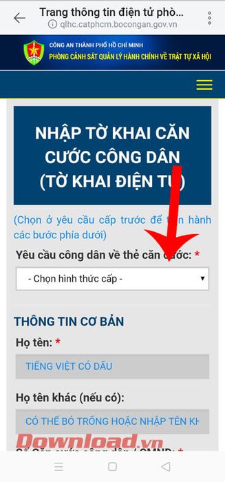 Điền thông tin vào tờ khai