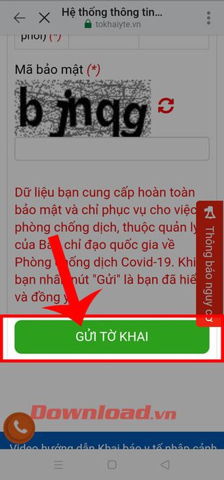 Chạm vào nút Gửi để hoàn tất khai báo