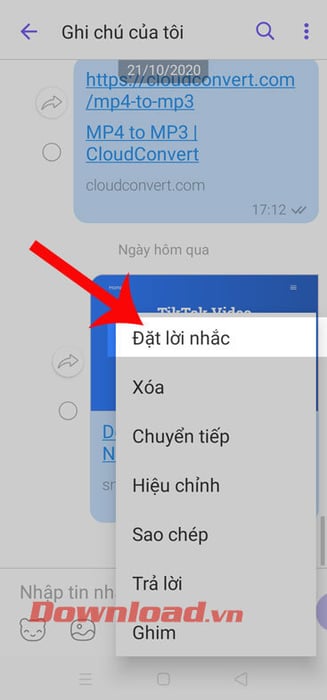 Chọn mục Đặt lời nhắc