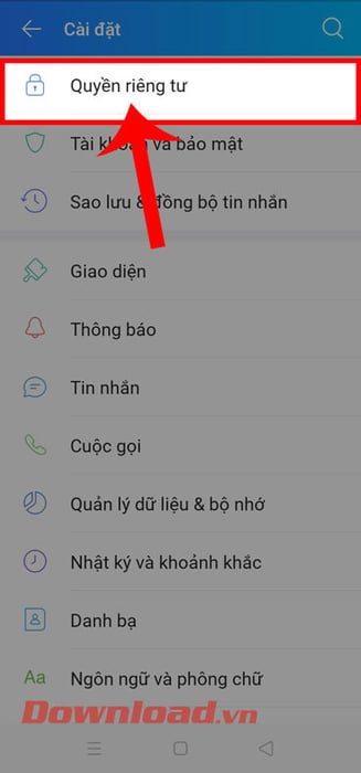 Nhấn vào mục Quyền riêng tư