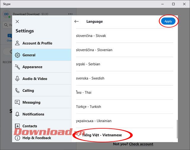 Chọn tiếng Việt làm ngôn ngữ cho Skype