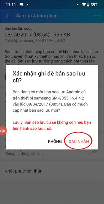 Xác nhận việc sao lưu