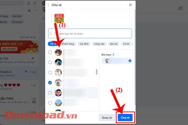 Chọn tài khoản Zalo để gửi sticker, sau đó ấn nút Chia sẻ