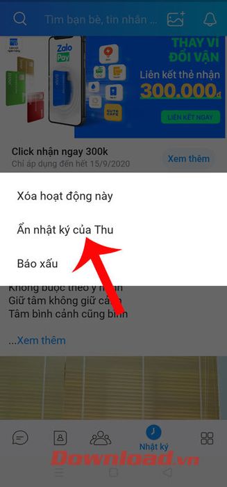 Chạm vào phần Ẩn nhật ký