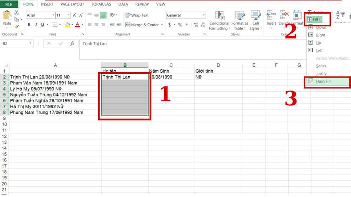 Tách chữ trong Excel bằng công cụ Flash Fill ở bước 2