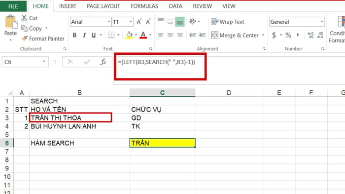 Hàm SEARCH thường được kết hợp với các hàm RIGHT, LEFT hoặc MID để phân tách chữ