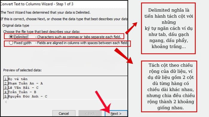 Trong phần Delimiters, bạn có thể lựa chọn từ tab, dấu chấm phẩy, dấu phẩy hoặc dấu cách