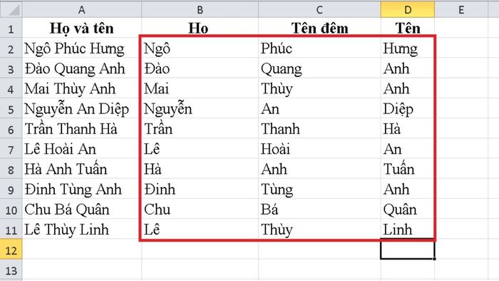 Phân tách chữ trong ô Excel thành các cột được thực hiện bằng 4 bước